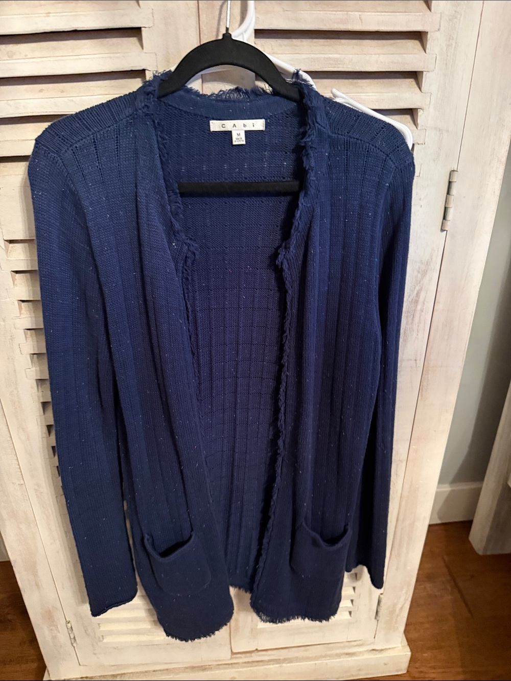 CAbi Navy Open-Front Fringe Trim Cardigan